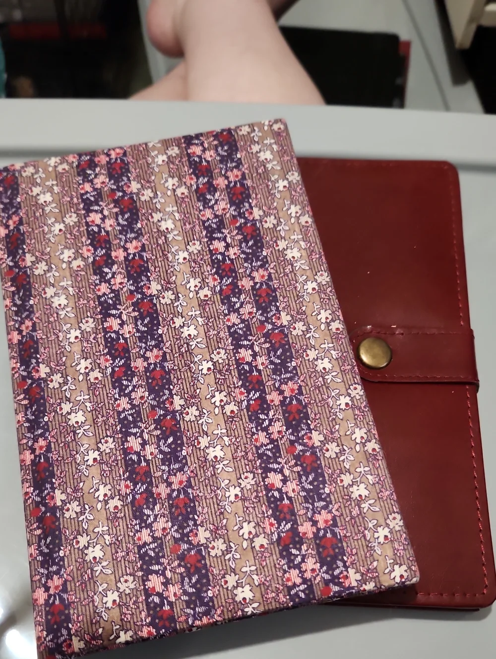 Set of 2 Lined Journals: 1 Fabric Floral Cover, 1 Red Leather Cover Magnet Latch